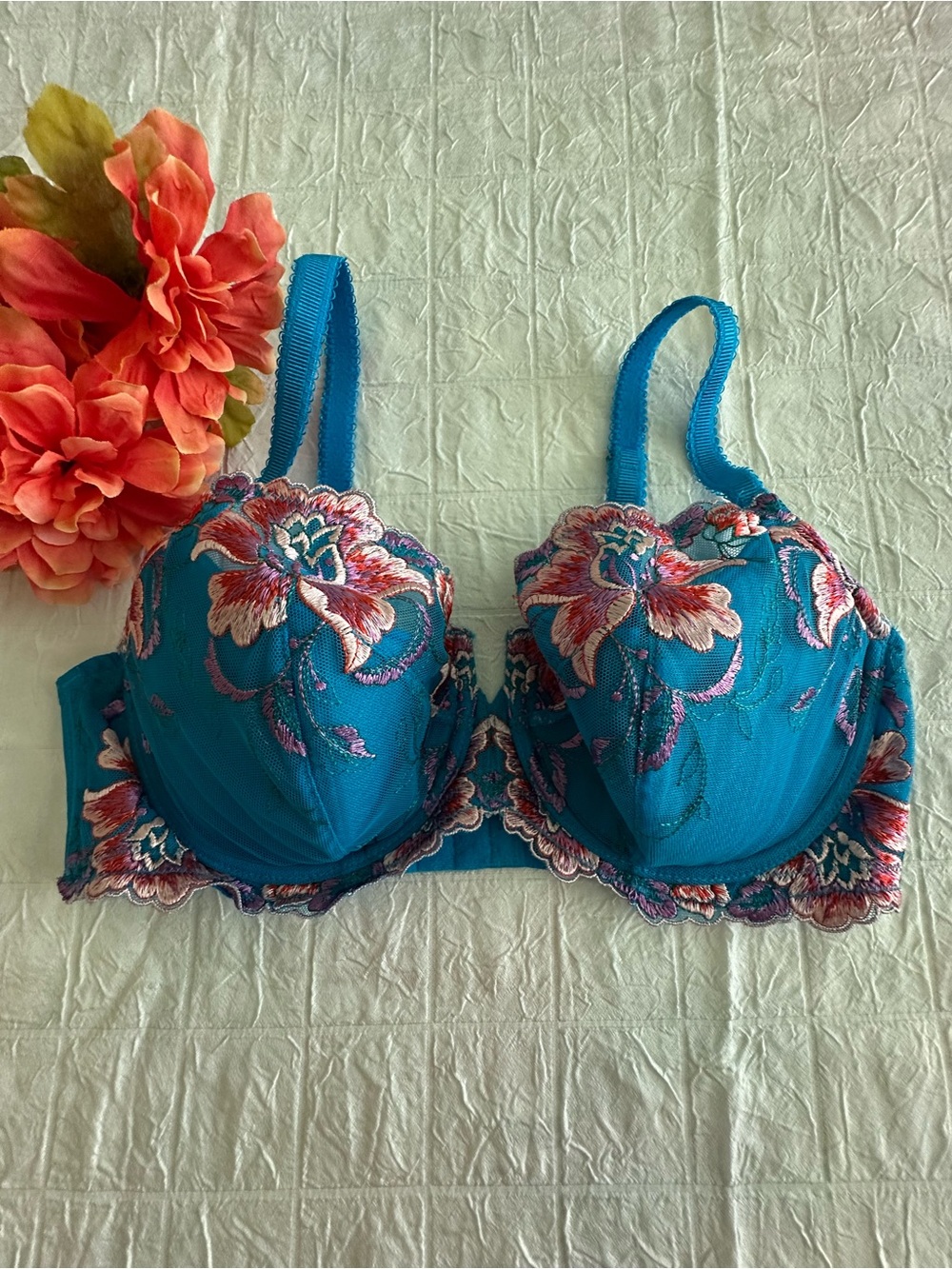 Soma Teal Floral Embroidered Underwire Bra with Pink Accents